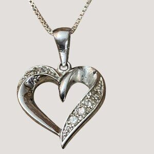 Heart Pendant Necklace Box Chain Sterling Silver 925 With Rhinestones 18 Inch